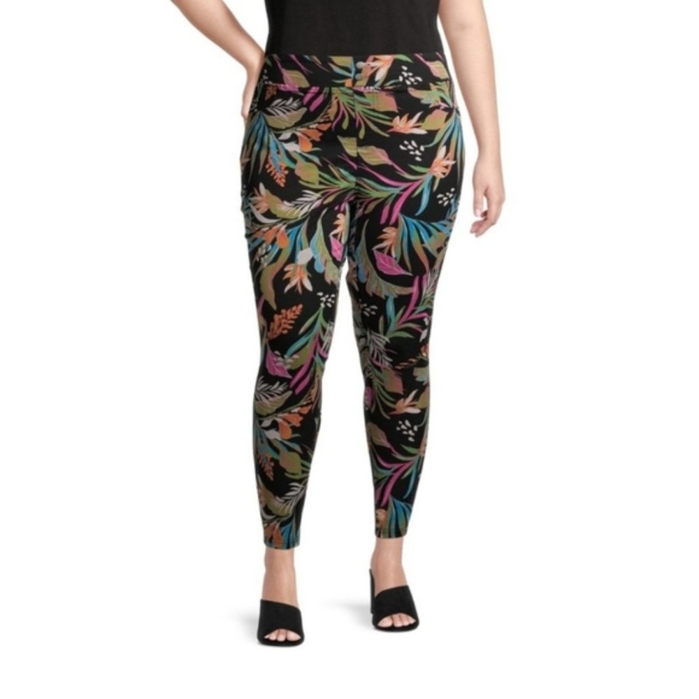 Terra & Sky black floral pull on skinny ankle cropped pants stretch jeggings 2X